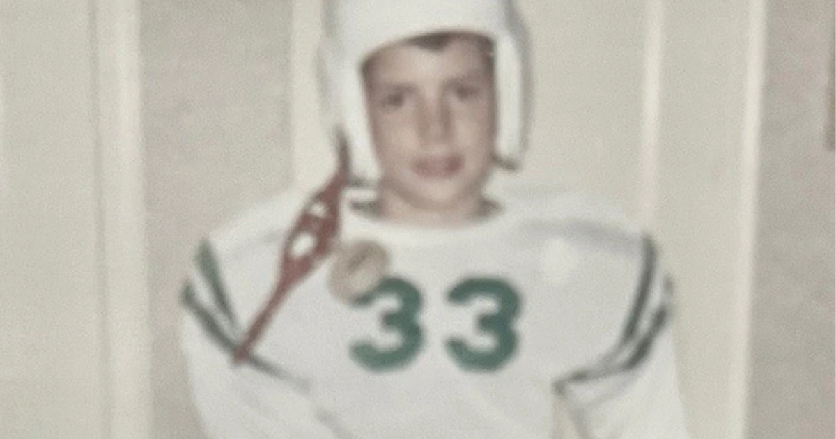 Vintage youth football photo of the author at 13 without a facemask—first season, pregame stance—paired with an essay on PIAA fairness and Parkland vs St. Joe’s.