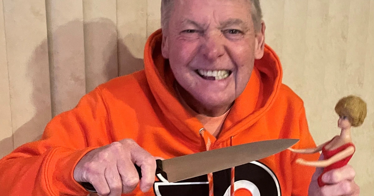 Author recovering at home with TV casting a pink glow from “Barbie”; humor essay on post-procedure brain fog, Allan’s baffling antics, and a lone great Helen Mirren line.